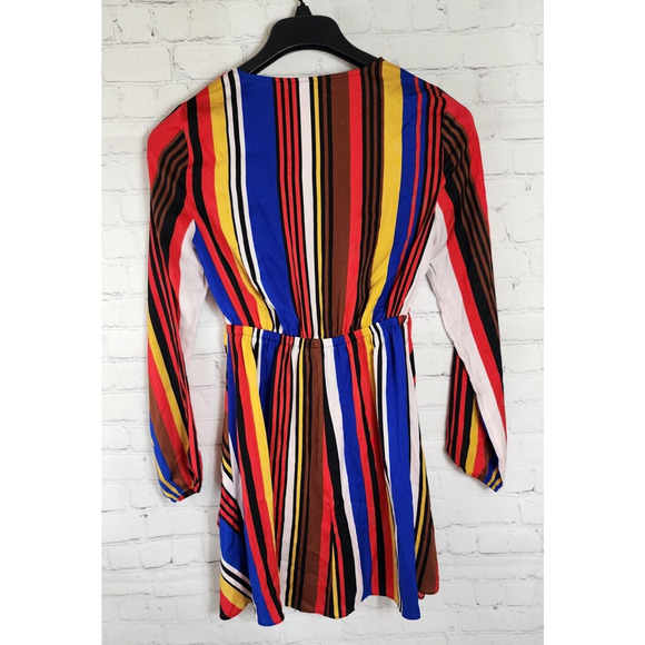 Express Womens Blue Red Striped Long Sleeved Dress Size XS Tie Waist V Neck - Picture 3 of 3